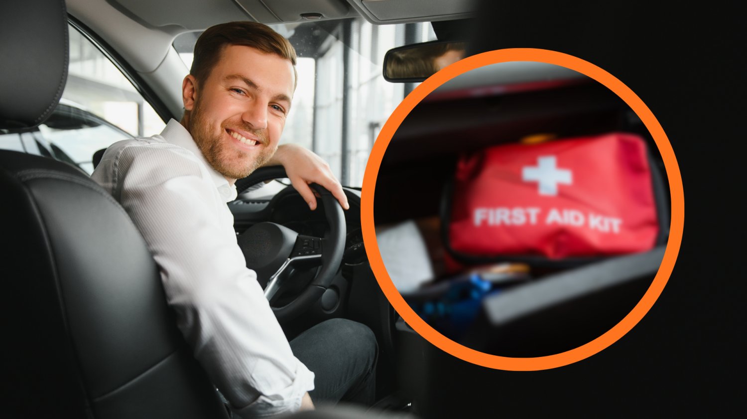 Od 1 czerwca kierowców czeka nowy obowiązek. Nie możesz mieć pustego schowka w aucie Mezczyzna w samochodzie, ktory usmiecha sie do kamery. Apteczka samochodowa w czerwonym kółku.