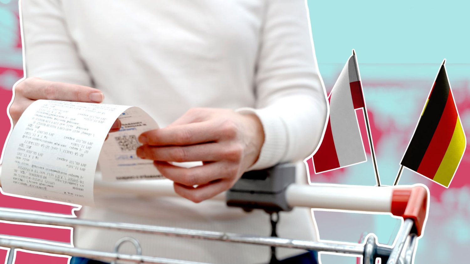 Płaca minimalna w Polsce i Niemczech. Single mają u nas przerąbane Kobieta na zakupach, flagi Polski i Niemiec. DW sprawdziło, w którym kraju łatwiej utrzymać się za płacę minimalną.
