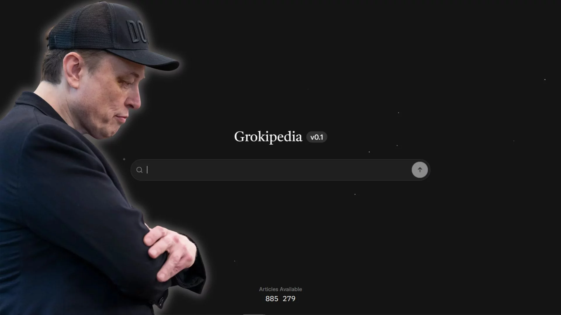 Elon Musk patrzący na okno wyszukiwania w Grokipedii.