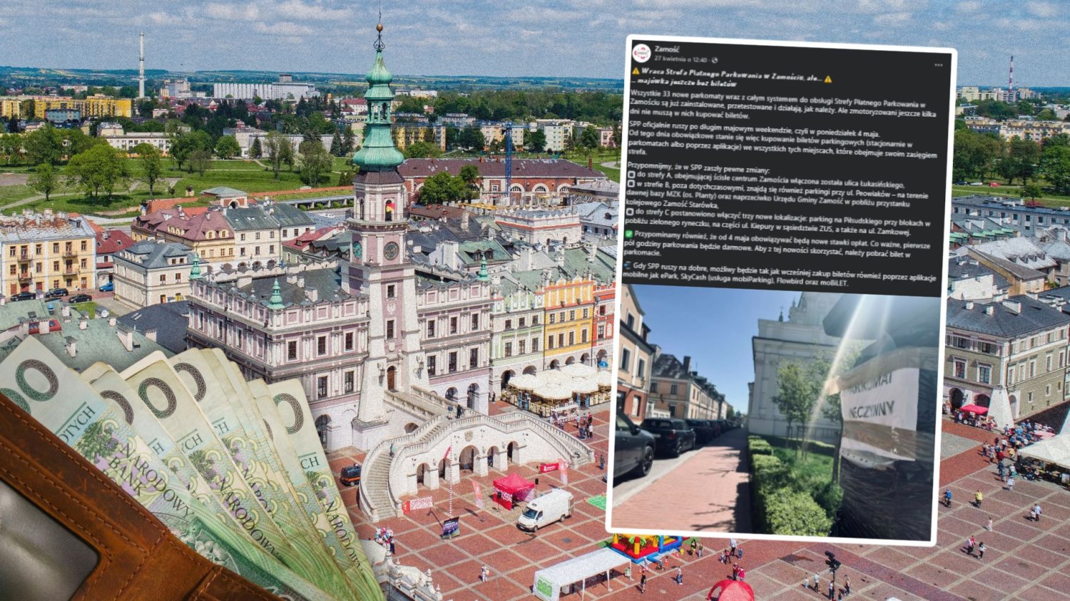 Płatne parkowanie w Zamościu wraca po majówce. Nowy operator i wyższe stawki wejdą z hukiem. Zamość, post miasta na Facebooku, portfel z pieniędzmi.
