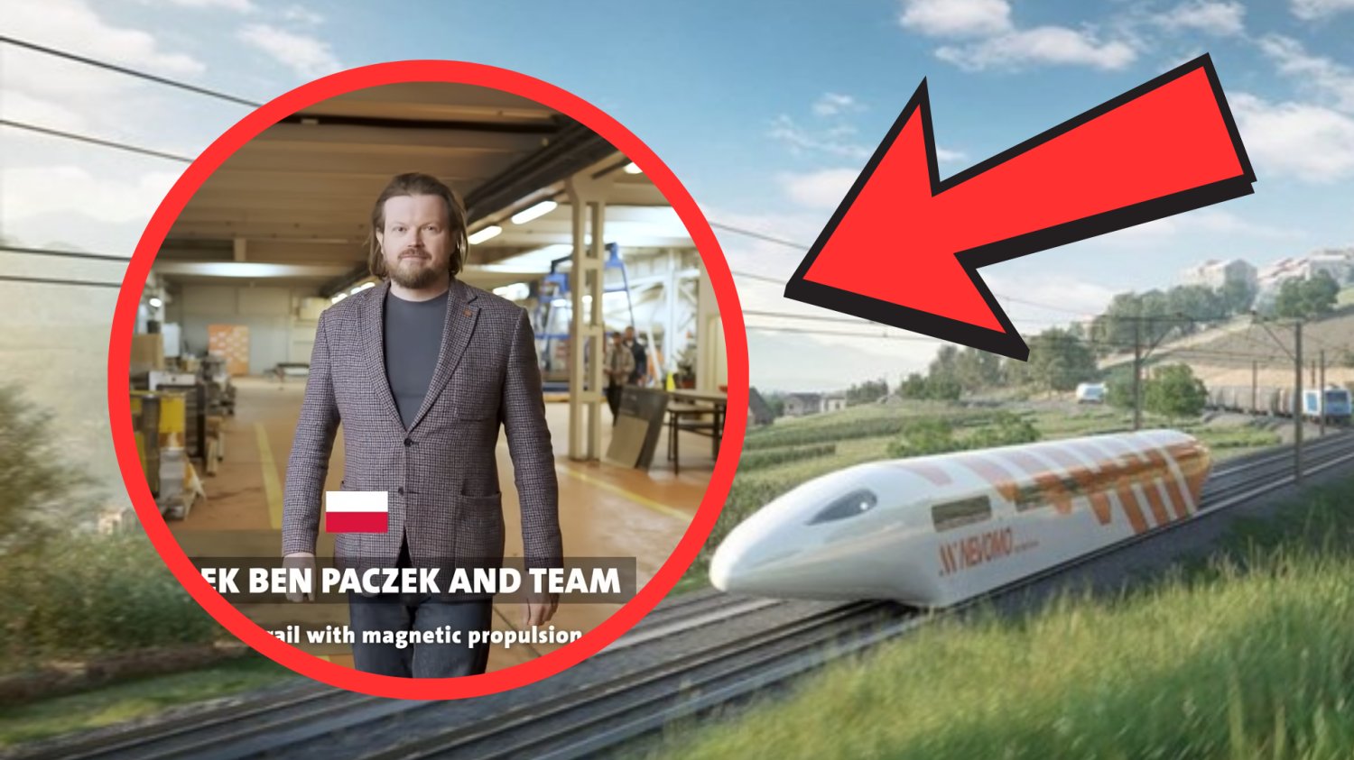 Polacy stworzyli magnetyczną kolej przyszłości. Lewitacja przestaje być fantastyką Wizualizacja projektu Nevomo w tle. W czerwonym kółku Przemysław Ben Pączek. Czerwona strzałka wskazuje na niego.