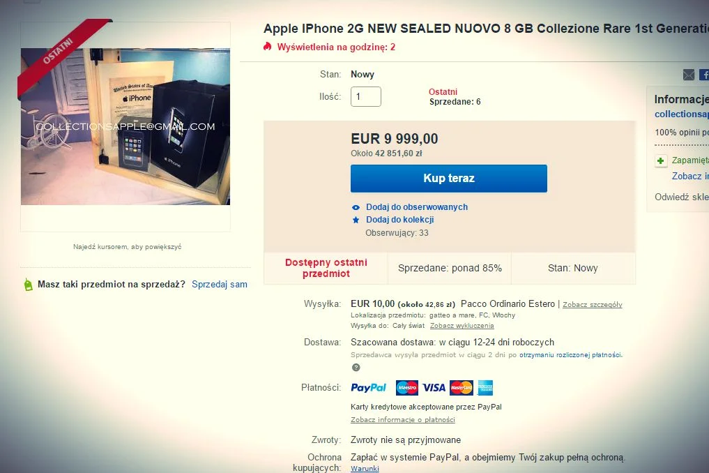 Iphone 1 nówka sztuka - 10 tysięcy dolarów, 6 sprzedanych sztuk.