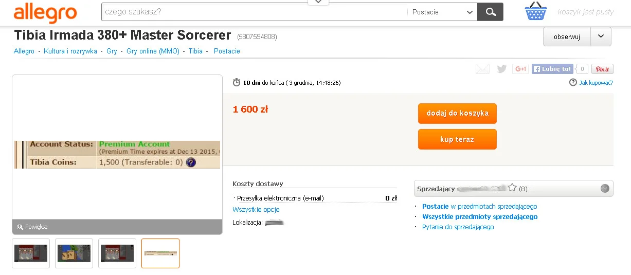 Oferta sprzedaży postaci na jednej z gier on-line, wraz z wyposażeniem.