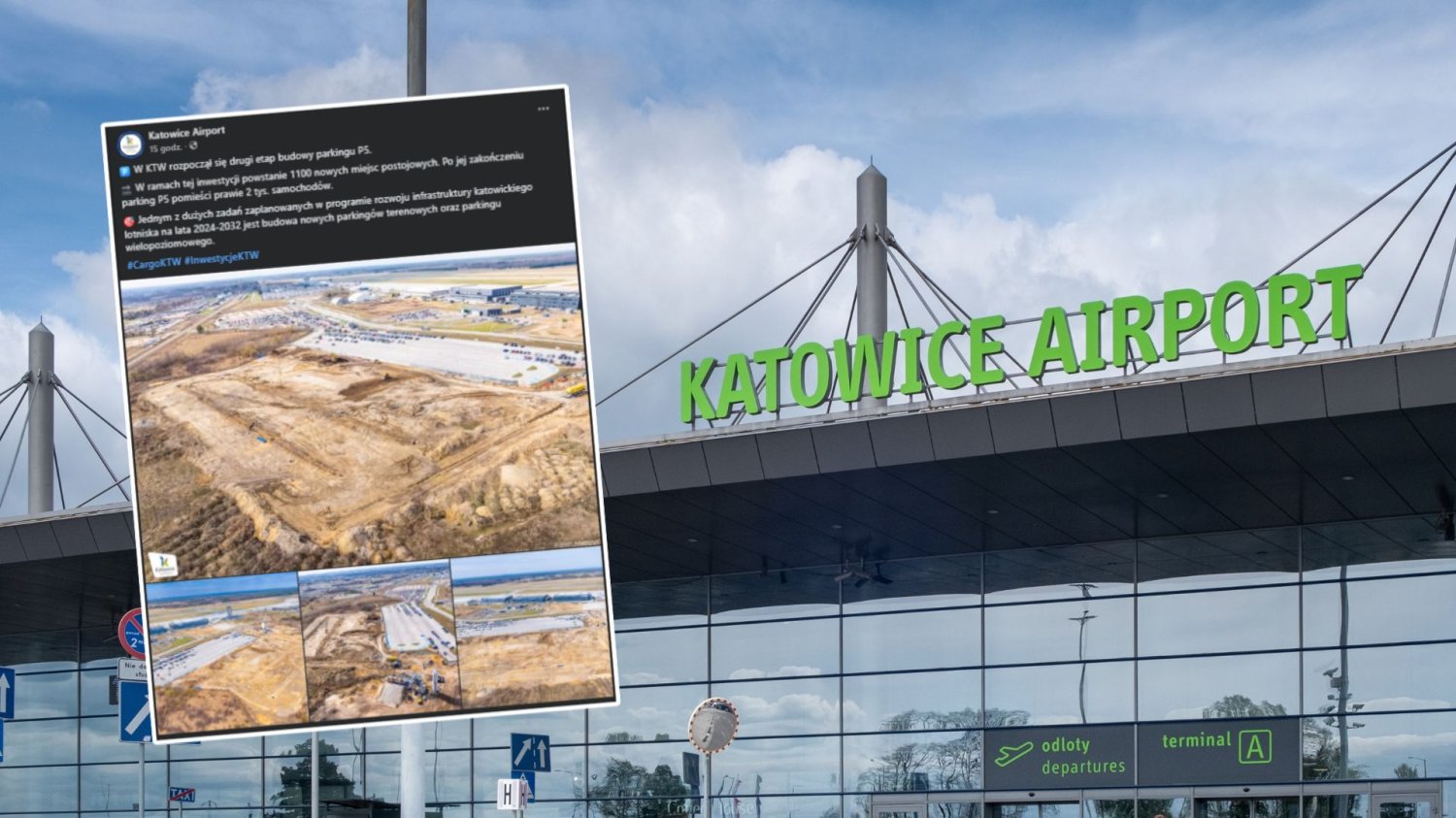 Wielka rozbudowa parkingów Katowice Airport. Chcą 13 tys. miejsc dla pasażerów. Lotnisko Katowice-Pyrzowice, zrzut ekranu posta na Facebooku.