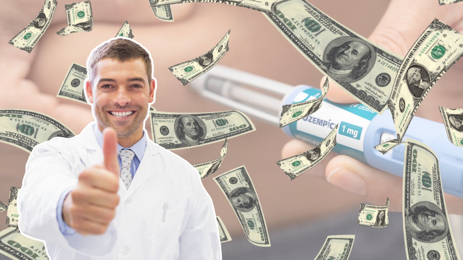 Na pierwszym planie farmaceuta zadowolony z kciukiem w górę. Za nim spadające pieniądze. W tle osoba, która używa Ozempic.