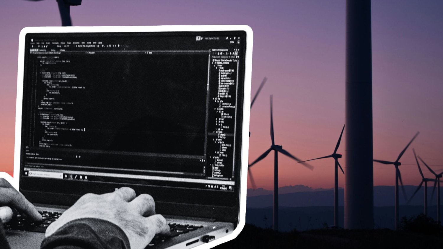 Atak na polską energetykę. To najlepszy dowód, że wiatraki i solary są ważne Mężczyzna piszący na laptopie na tle wiatraków. Atak na polską energetykę.