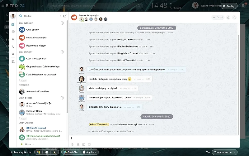 Komunikację zdalną w platformie Bitrix24 wspierają również takie funkcje jak czaty grupowe i wideokonferencje