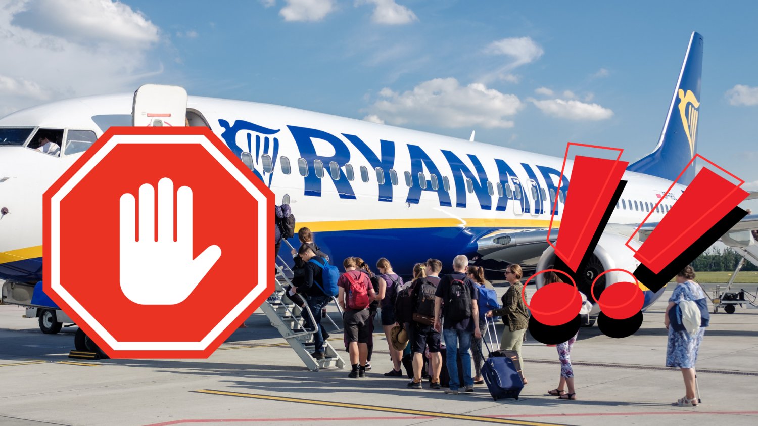 Ryanair podkręca kontrole bagażu. Pracownicy z premią za każdego złapanego turystę Samolot Ryanair z wchodzącymi pasażerami na pokład. Znak stop i wykrzykniki czerwone