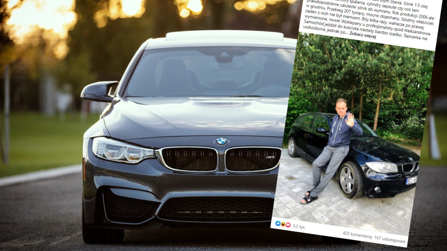 Nowy czarny samochód BMW w świetle zachodzącego słońca. Na zdjęciu umieszczono screen z Facebooka Roguckiego.