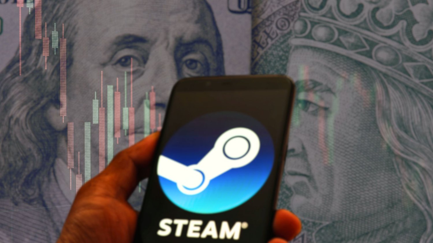 Telefon w ręku z logiem Steam. W tle banknoty dolara i złotych oraz wykres walutowy. Dolar staniał a gry nadal drogie. Zarabiając jak Polak płać jak Niemiec