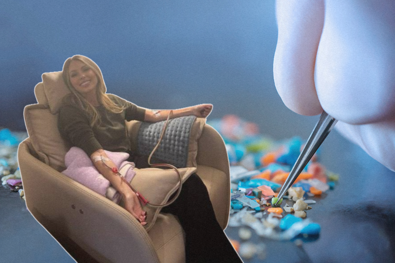 Prezes Clarify Clinics na tle wizualizacji mikroplastiku.