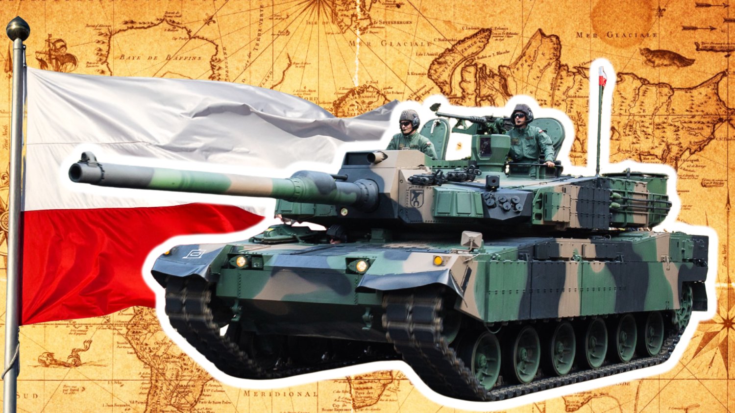 Polska buduje własną wersję K2. Czołg, którego będą nam zazdrościć na całym świecie Czołg K2. W tle historyczna mapa świata i flaga Polski.