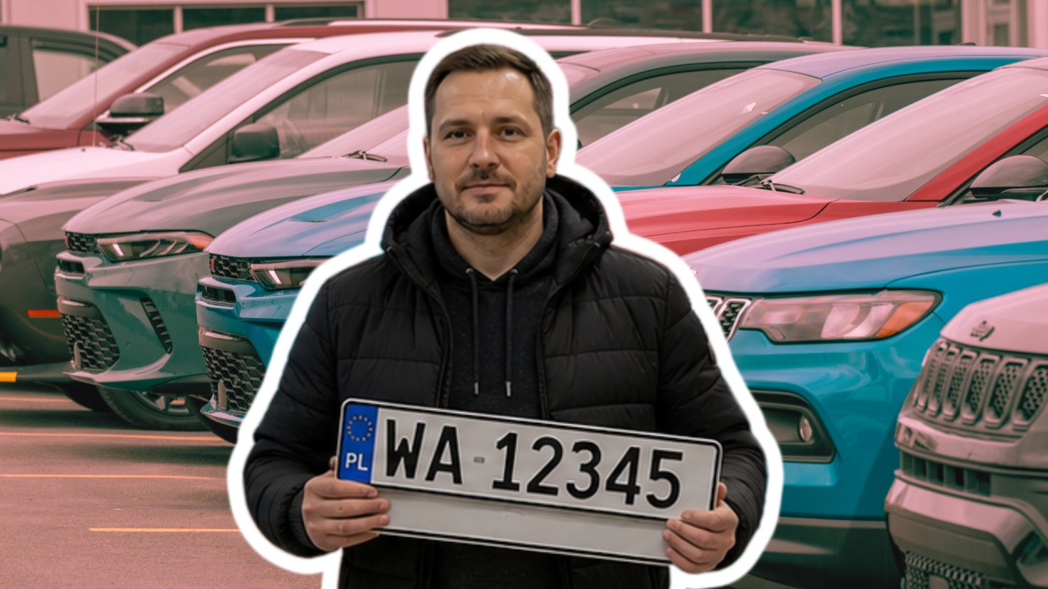 Mężczyzna z tablicami rejestracyjnymi. W tle parking z samochodami.