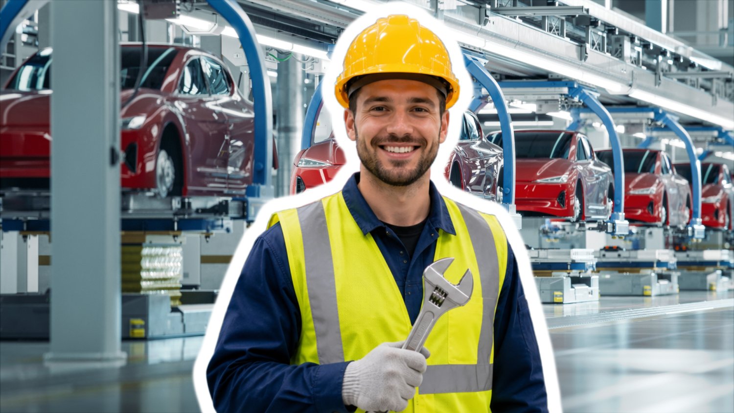 Mężczyzna z kluczem francuskim, w żółtej kamizelce i kasku. W tle produkcja samochodów elektrycznych