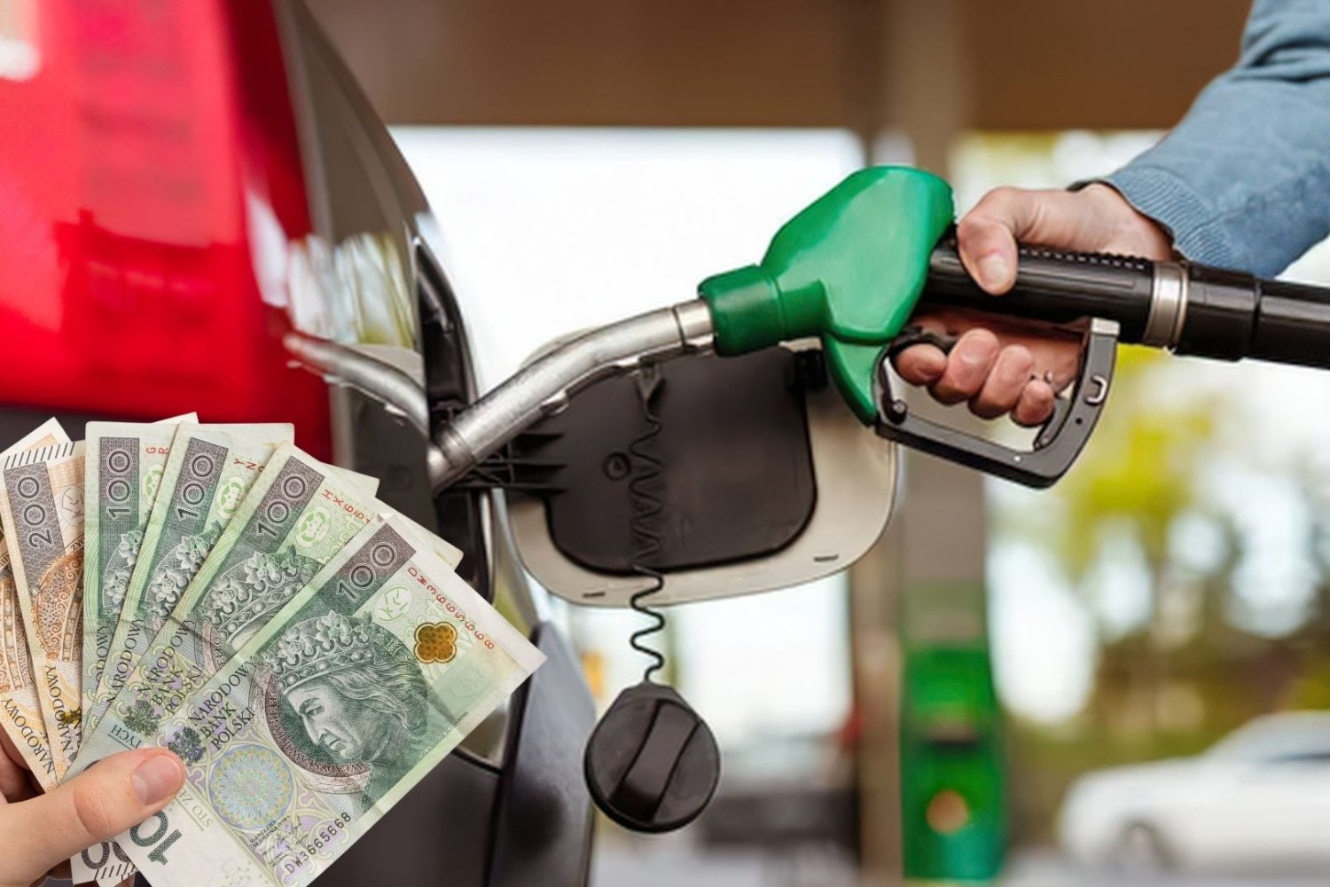 mężczyzna tankuje samochód, pieniądze.