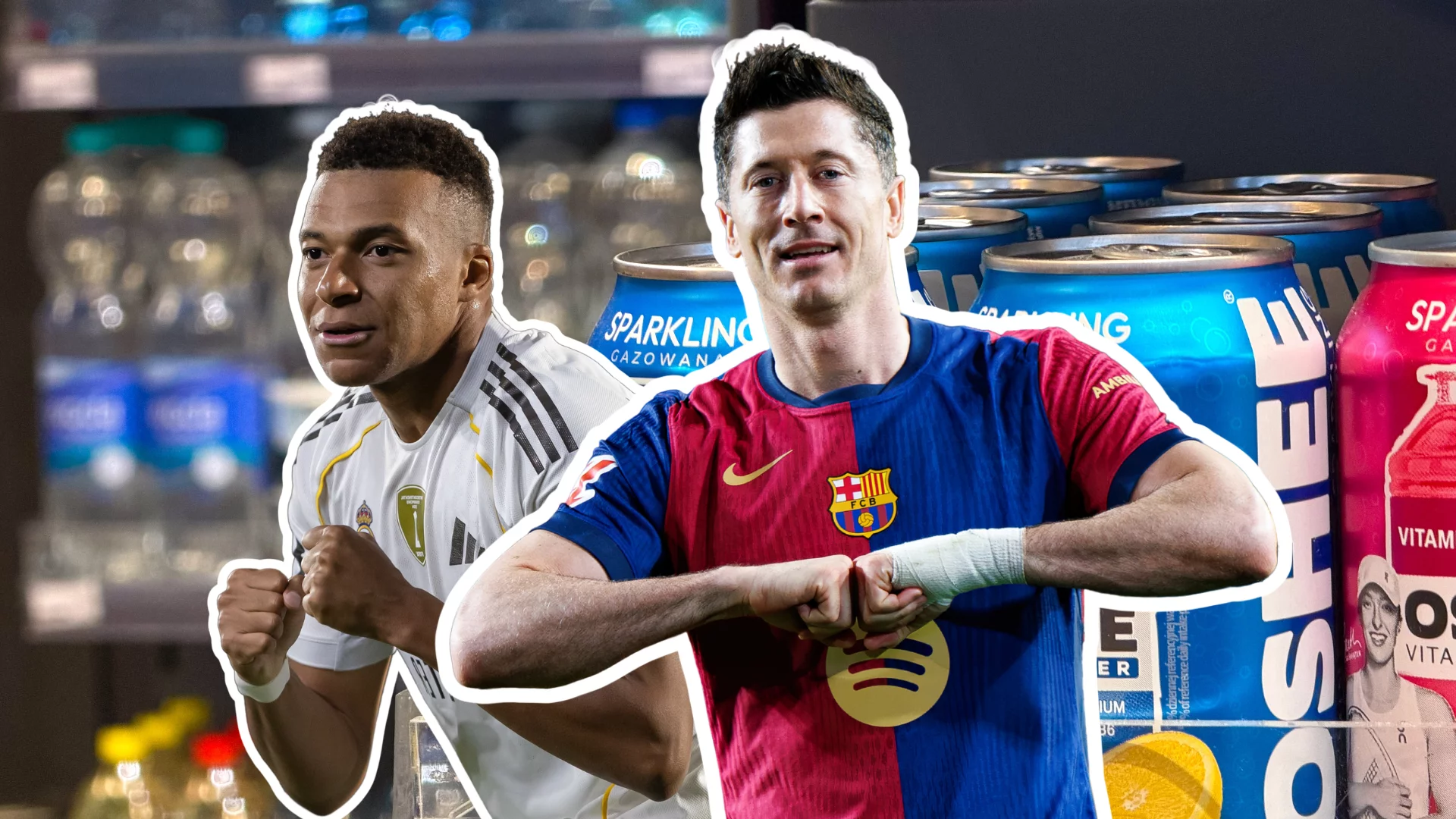 Robert Lewandowski. Kylian Mbappe. Fc Barcelona. Real Madrid. W tle produkty OSHEE.