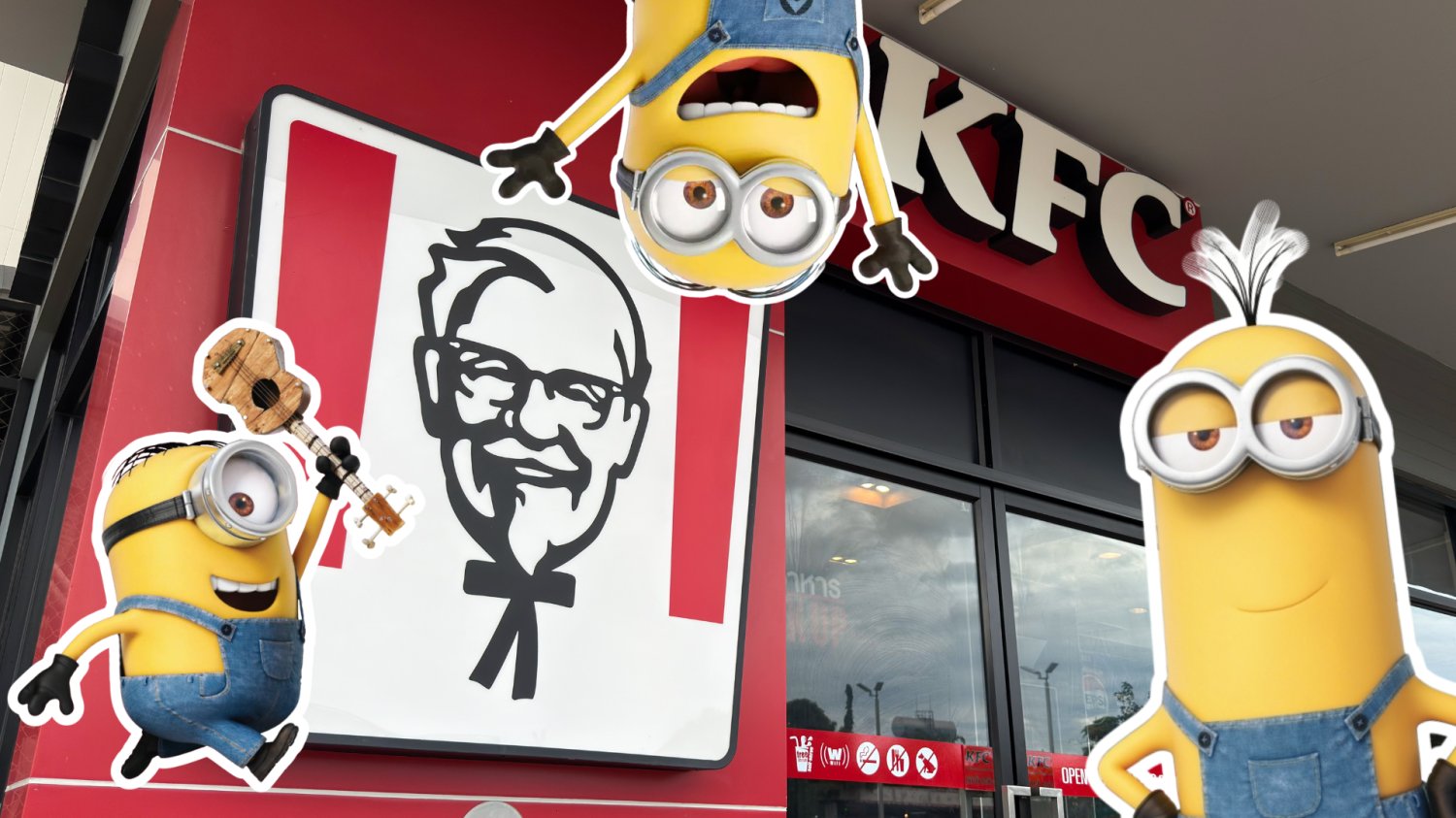 Minionki i straszydła już w KFC. Żółte szaleństwo w znanej sieci fast food Lokal gastronomiczny KFC. Minionki wokół restauracji.