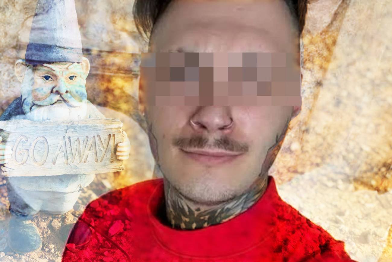 Crawly i gnom ogrodowy z napisem "Precz!".