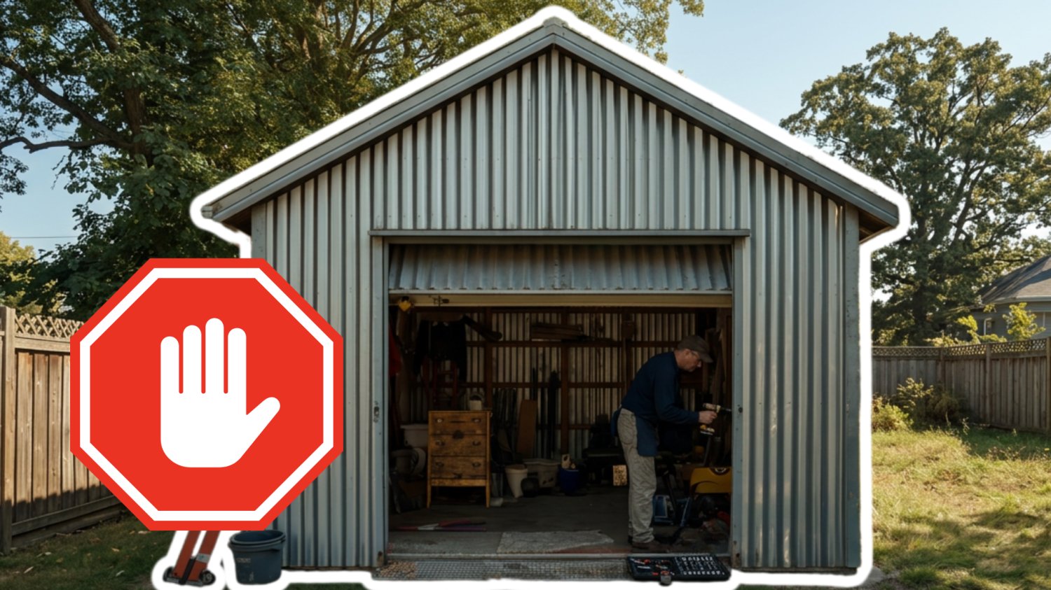 Skarbówka kontroluje garaże. Zwykły blaszak może być podatkową pułapką Mężczyzna w blaszanym garażu, wokół prywatna posesja. Znak stop wykonywany ręką.