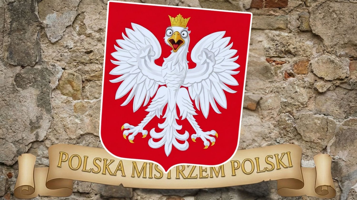 zdziwiony orzeł z polskiego przekrzywionego godła z szarfą "Polska mistrzem Polski