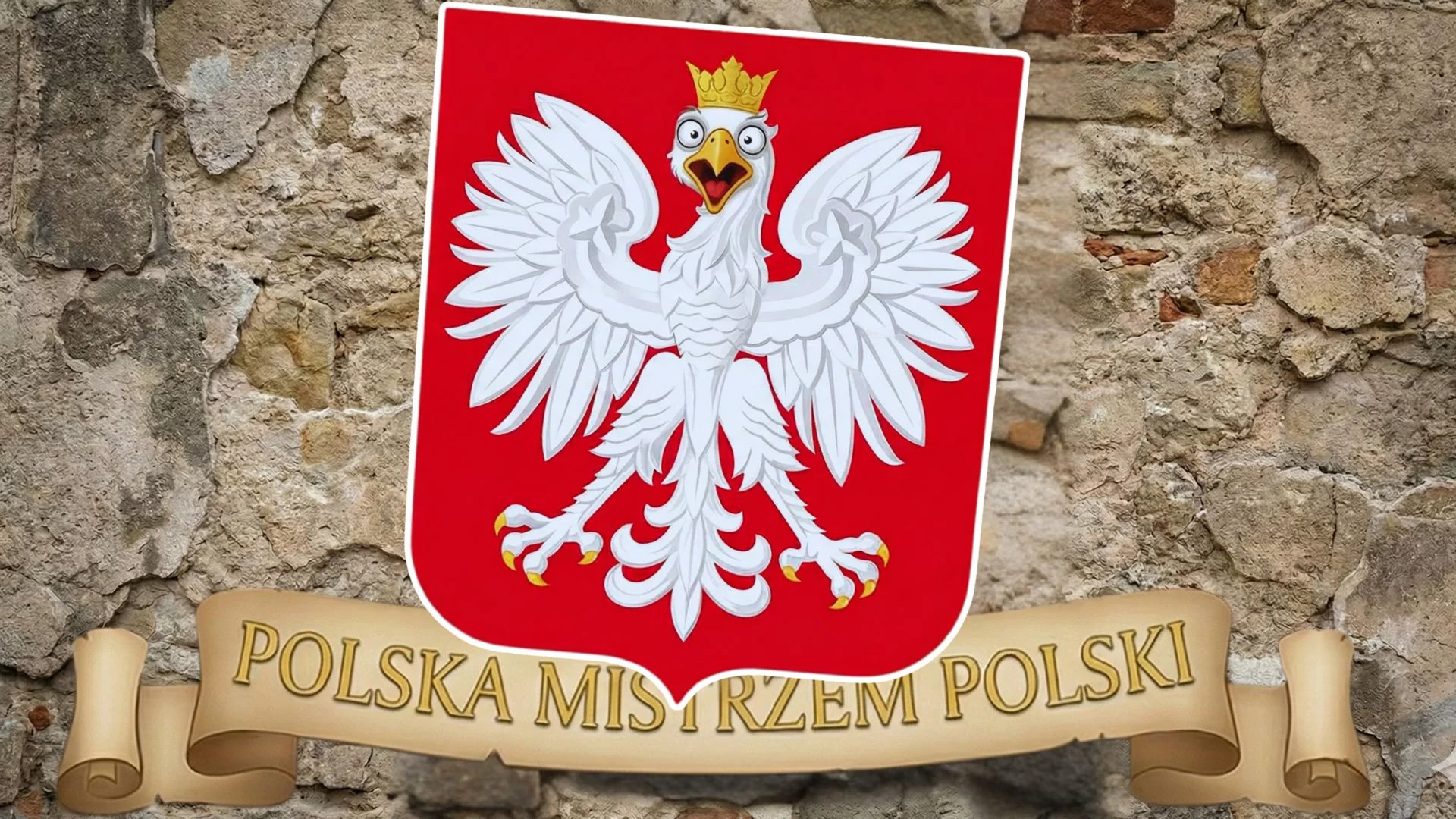Polski orzeł na krzywo. Jak długo będziemy trwać w tym urzędowym chaosie? zdziwiony orzeł z polskiego przekrzywionego godła z szarfą "Polska mistrzem Polski