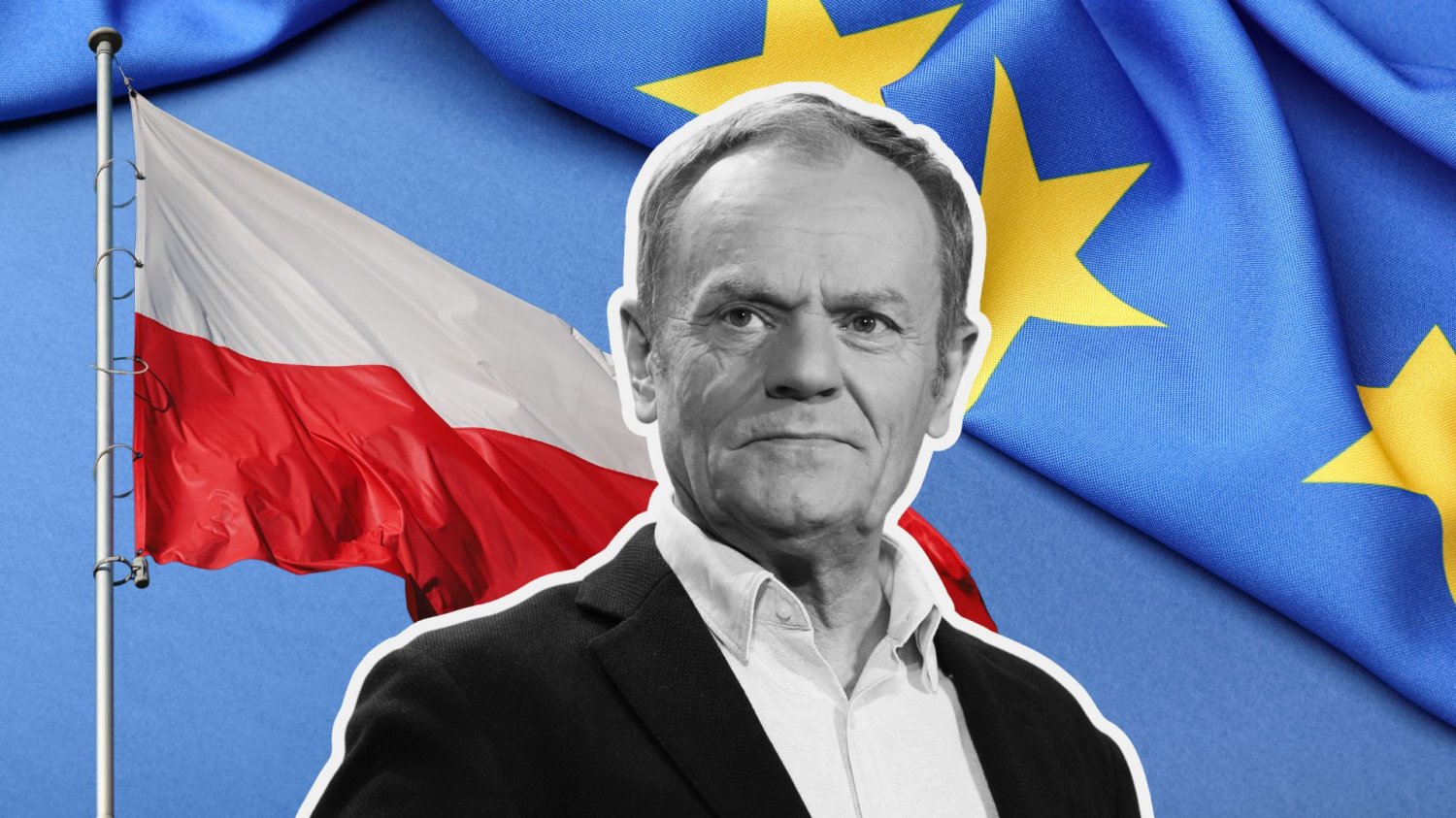 Donald Tusk, flaga Polski i Unii Europejskiej.