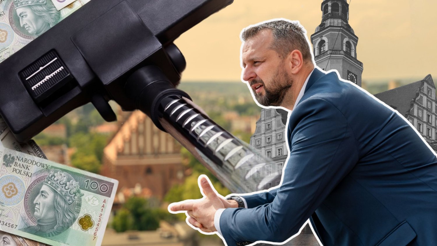 Prezydent Olsztyna Robert Szewczyk z miastem w tle.