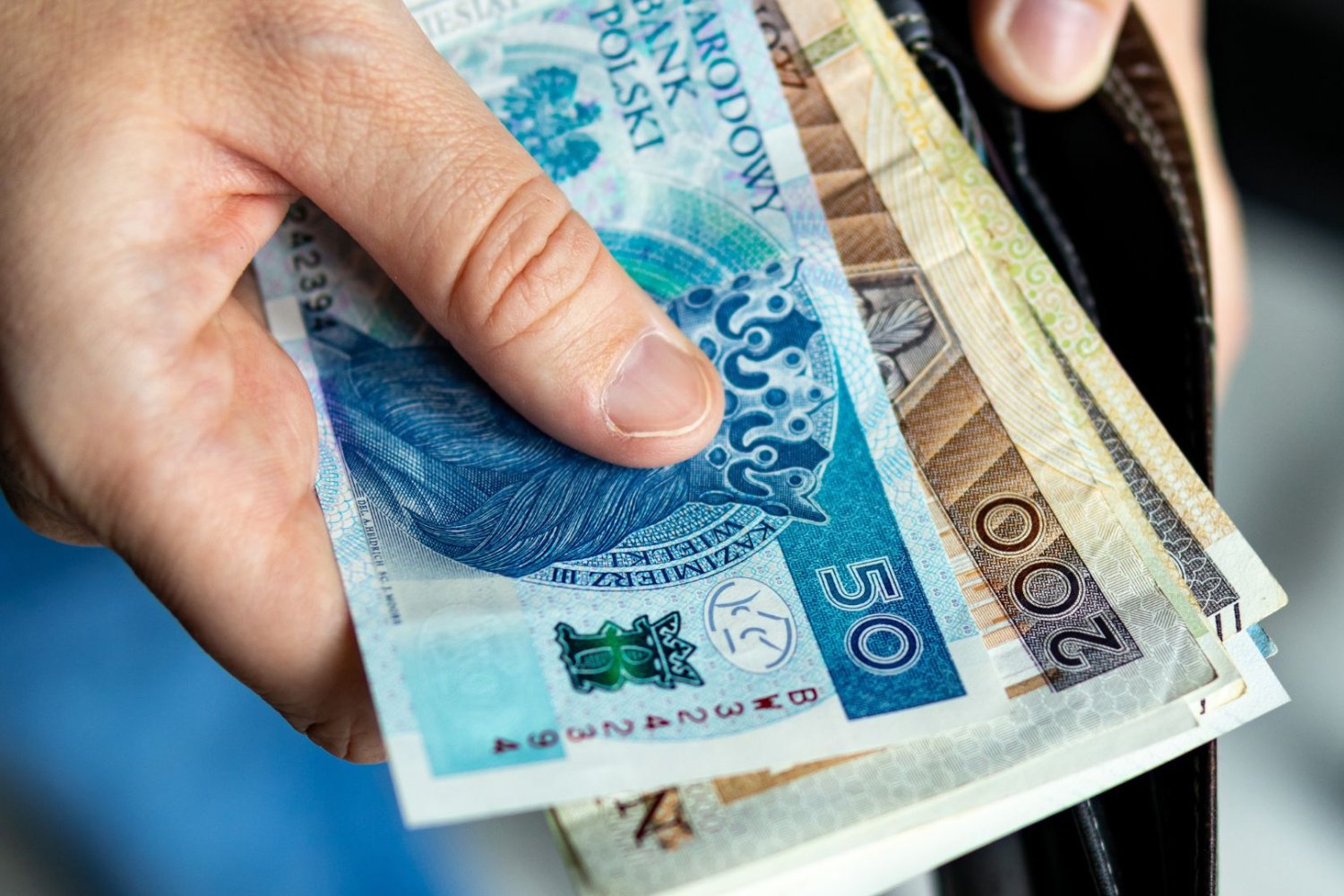 Stopa oszczędności Polaków najwyższa od lat. Budzimy się z finansowego letargu. Plik bnknotów w portfelu.