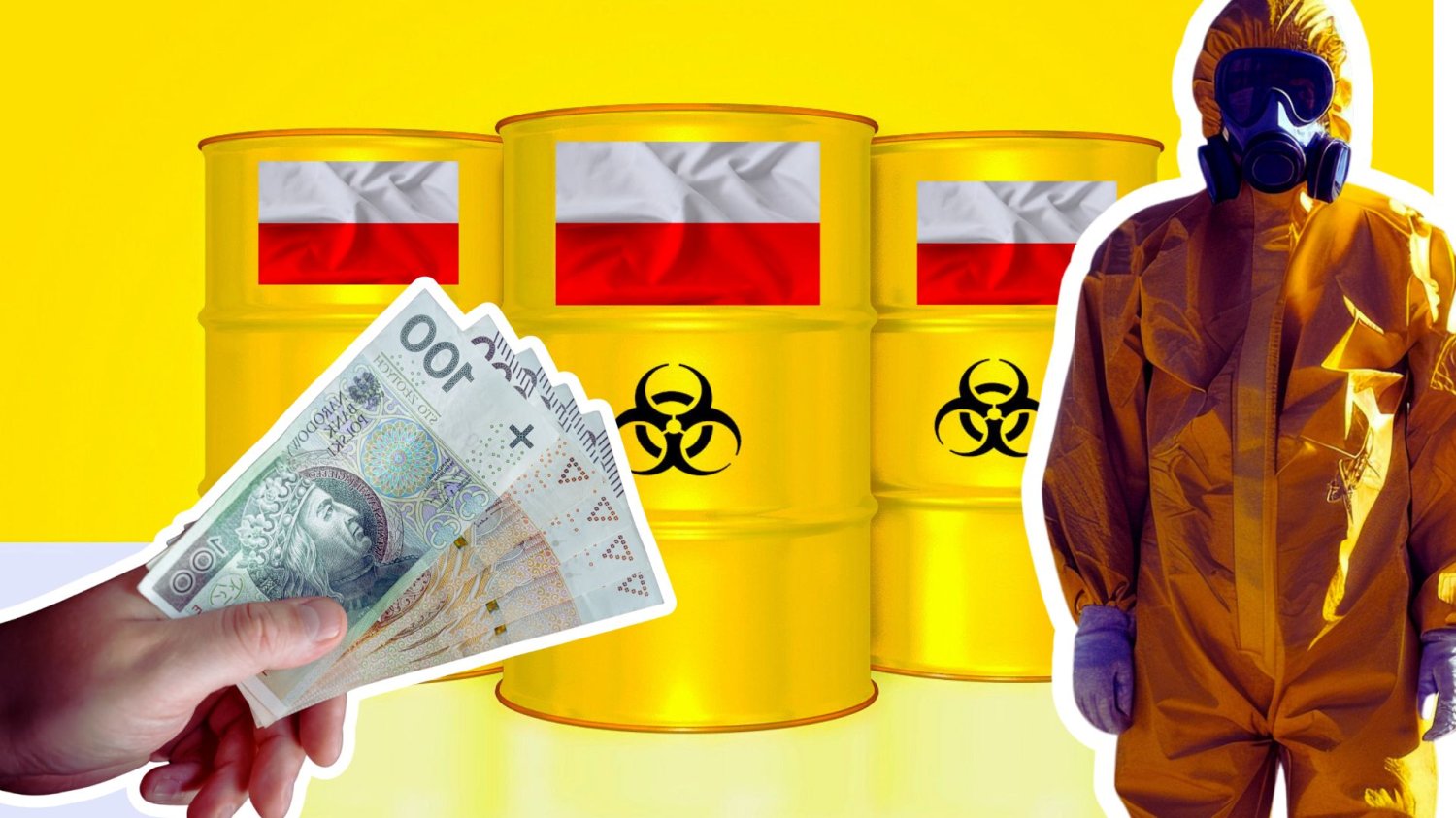 Żółte beczki z toksycznymi odpadami, człowiek w stroju ochronnym i ręka z polskimi banknotami. Głogów i Strumień walczą z odpadami dzięki milionowym dotacjom. Mieszkańcy odetchną z ulgą.