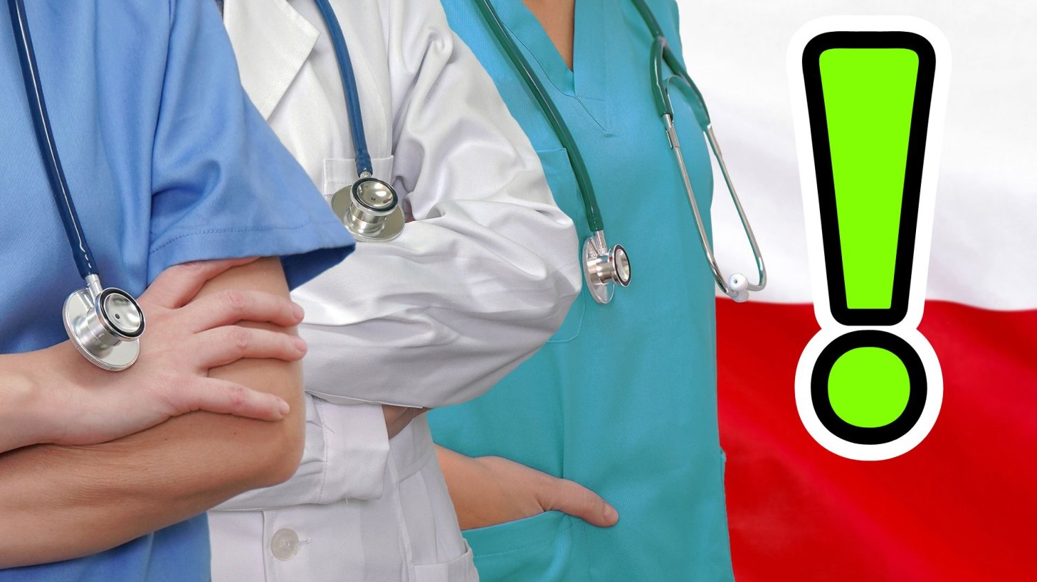 Pracownicy szpitala na tle polskiej flagi oraz wykrzyknik. Polskie szpitale idą na protest. Tragiczna sytuacja może się pogorszyć