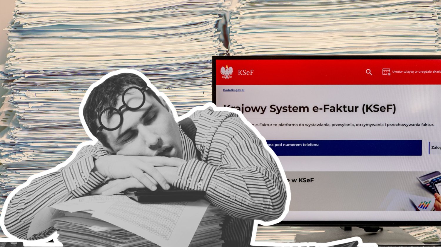 KSeF z nowym rekordem. System pęczenieje od prawie 300 mln faktur w obiegu Śpiący księgowy, stos dokumentów i KSeF na ekranie.