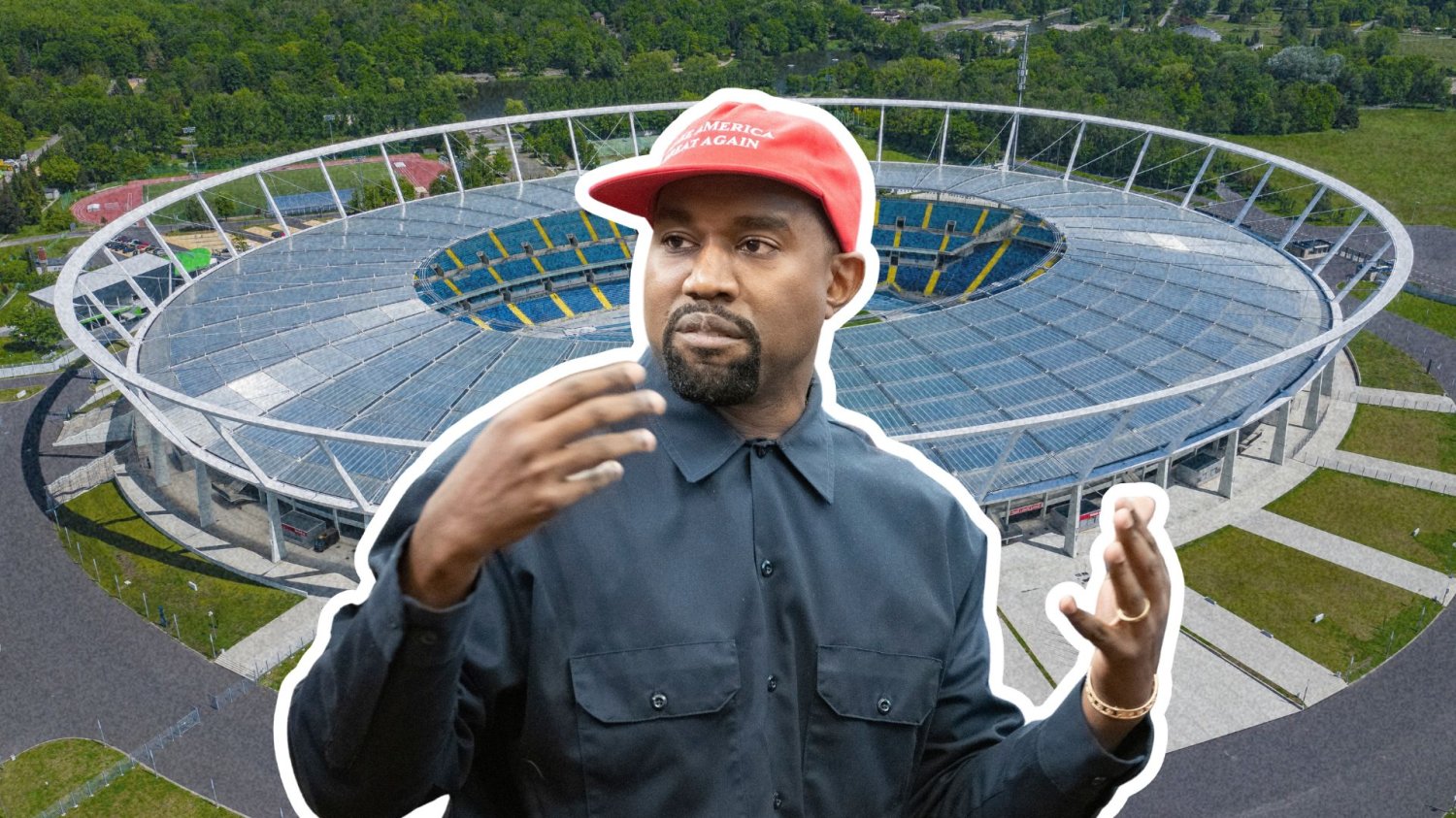 Kanye West na tle Stadionu Śląskiego w Chorzowie.