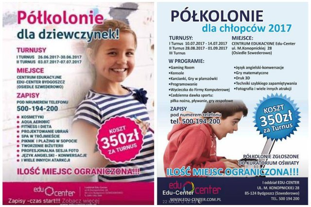 Program półkolonii dla dziewczynek i chłopców, które organizuje bydgoska firma Edu-Center, jak widać, diametralnie się różni.