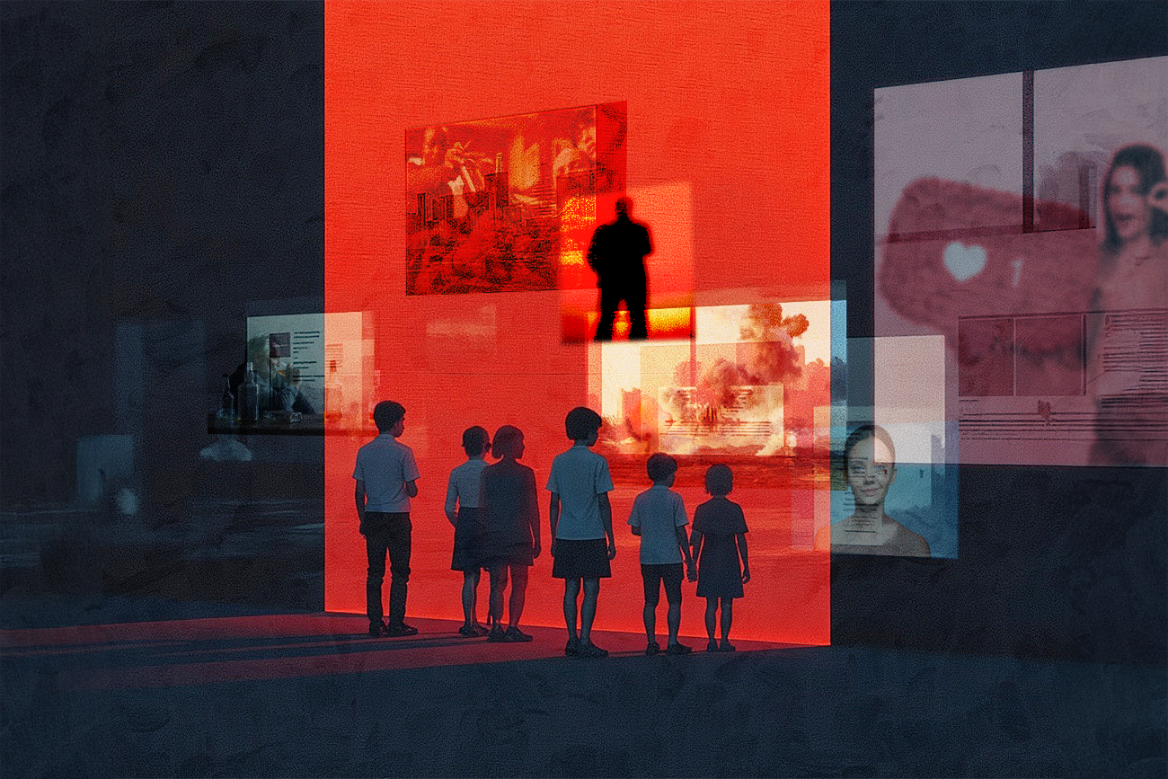 Dzieci stojące przed barierą do mediów społecznościowych.