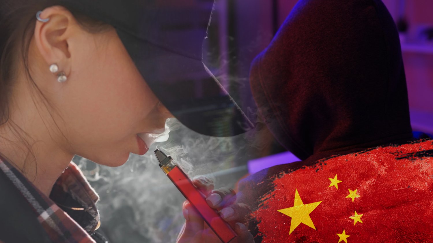 Nielegalne vape'y warte miliardy euro zalewają Europę. A Ty nadal myślisz, że to margines Kobieta pali e-papierosa. Mezczyzna w kapturze przy komputerze. Flaga Chin.
