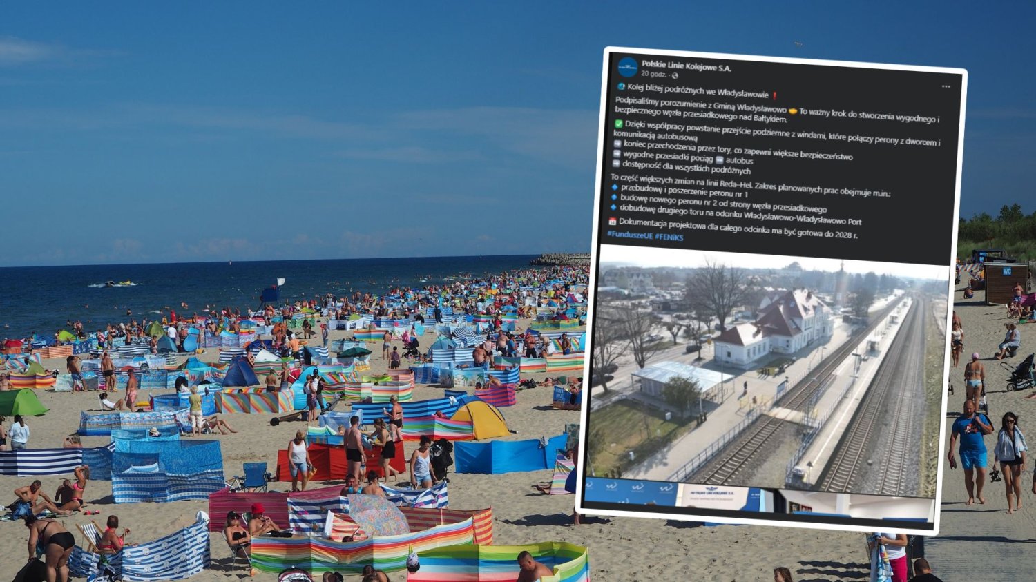 Wielka inwestycja PKP we Władysławowie. Turystyczne piekło zamarza. Ludzie na plaży we Władysławowie, post PLK na Facebooku.
