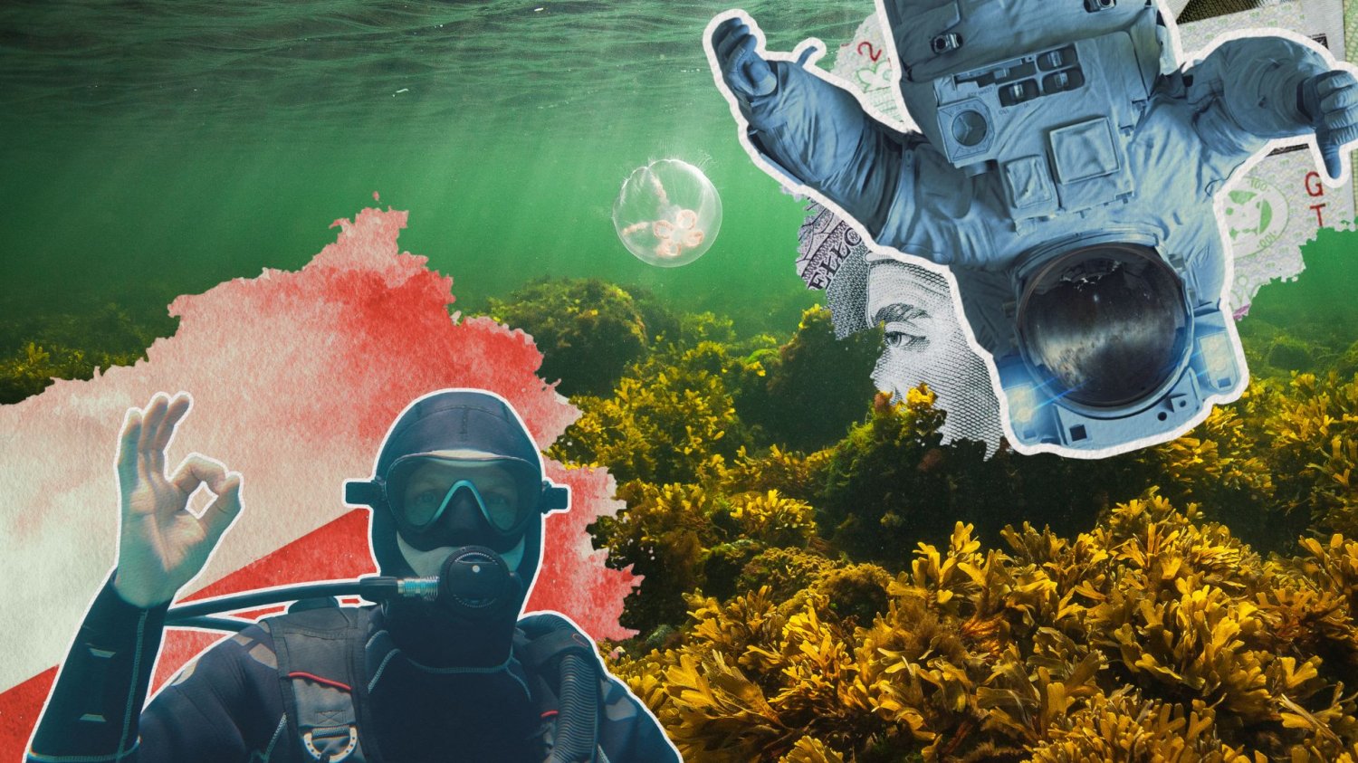 Nurek i astronauta na dnie Bałtyku, na tle polskiej flagi, pieniędzy i meduzy.