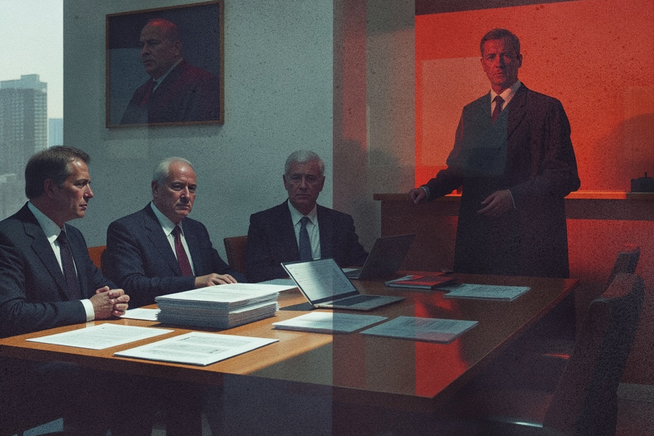 Bankierzy i prawnicy w sądzie.