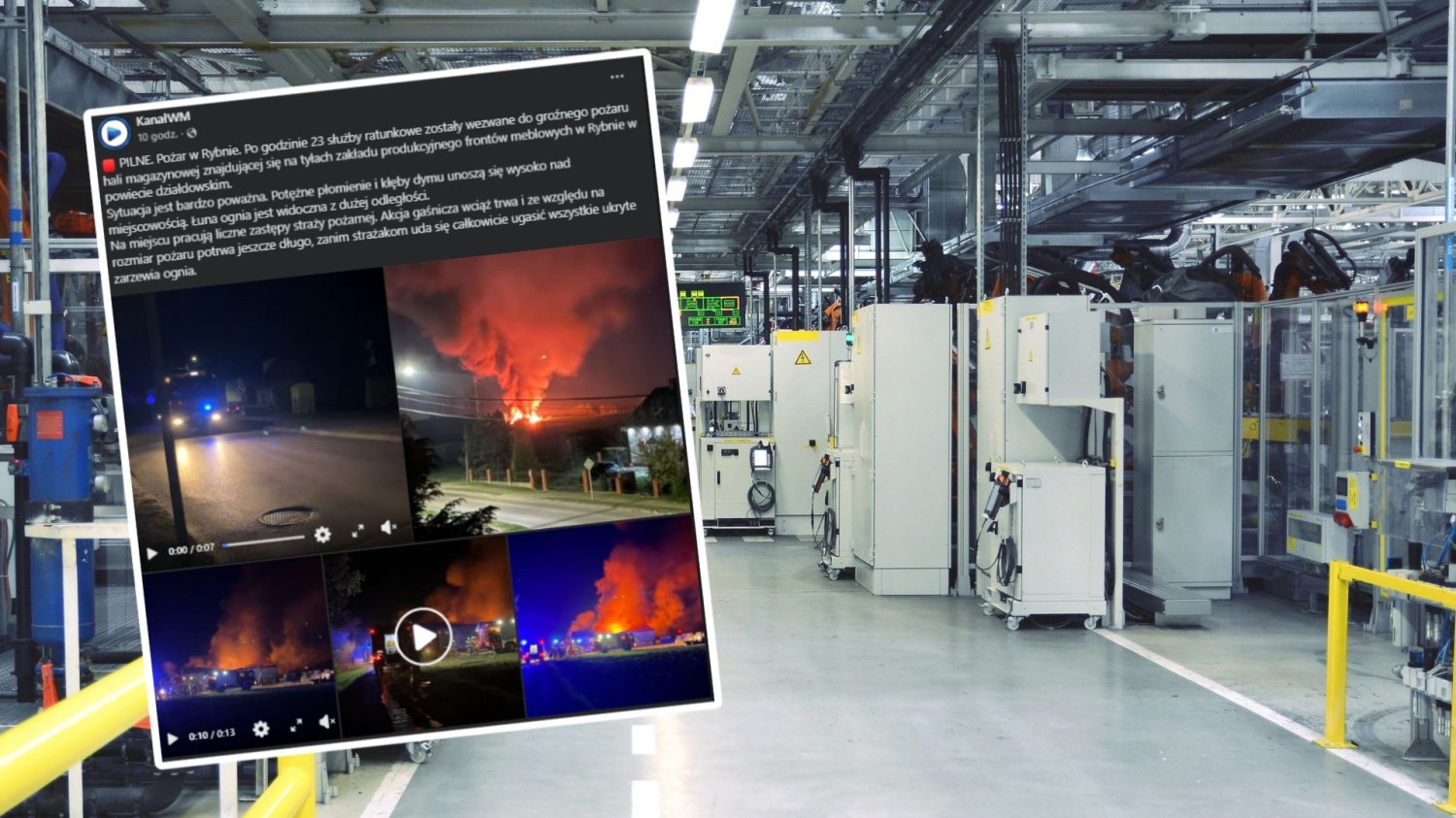 Pożar hali produkcyjnej w Rybnie. 7 mln złotych poszło z dymem w jedną noc. Hala produkcyjna, zrzut ekranu, post na Facebooku.