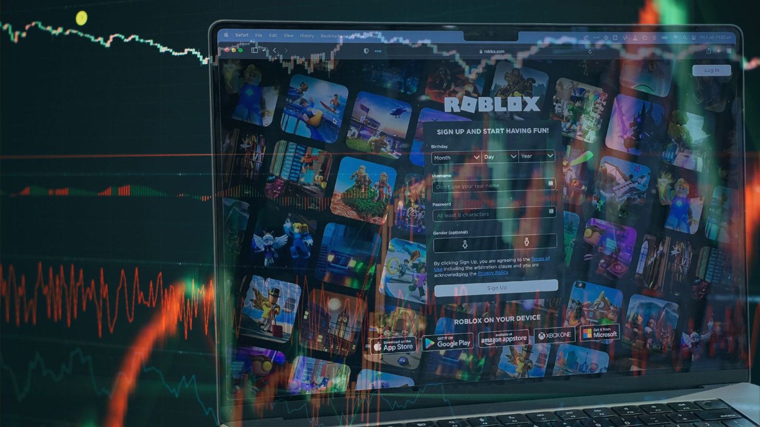 Roblox świętuje rekord użytkowników. Rynek mu nie ufa, czują to na giełdzie Laptop z uruchomioną grą Roblox i wykresem giełdowym w tle. Akcje firmy spadają na tle kontrowersji o bezpieczeństwo dzieci.