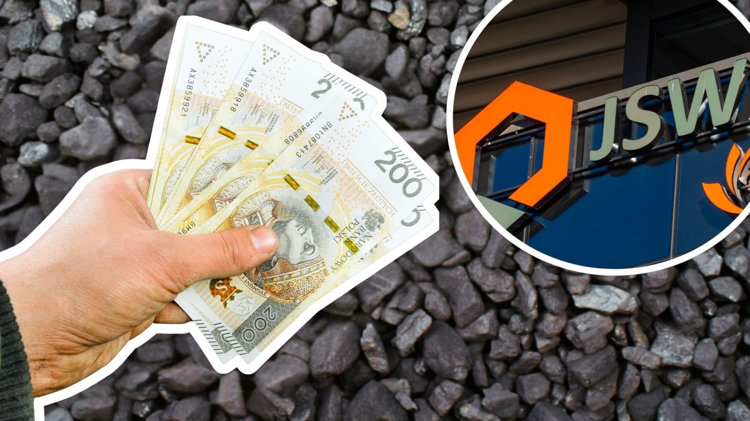 Węgiel, ręka z polskimi banknotami i szyld JSW. Rząd wyłoży pół miliarda na górników. Tyle dostanie każdy, kto odejdzie