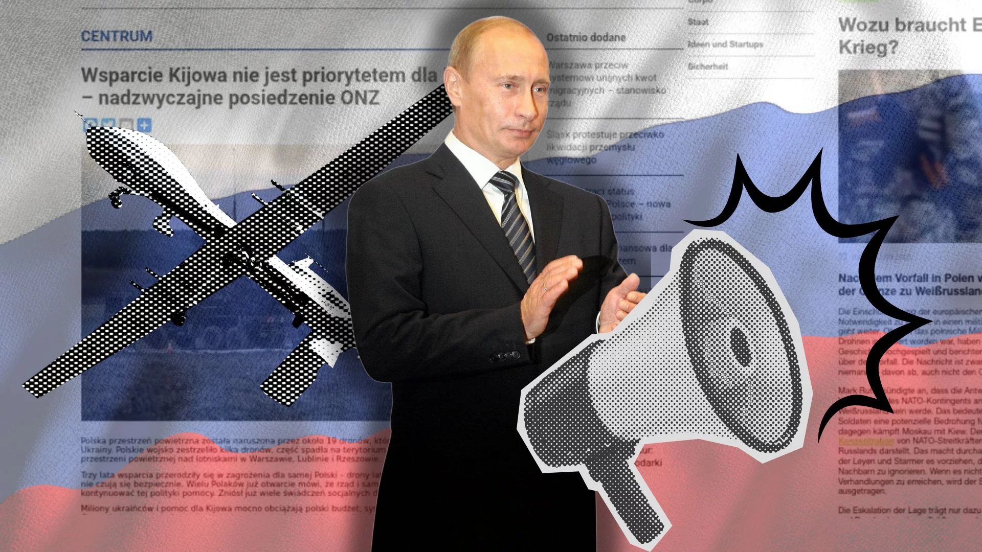 Władimir Putin przyklaskujący prorosyjskim treściom w sieci. Raport GTIG pokazuje przykłady kremlowskiej infrastruktury dezinformacyjnej działającej w Polsce i nie tylko.