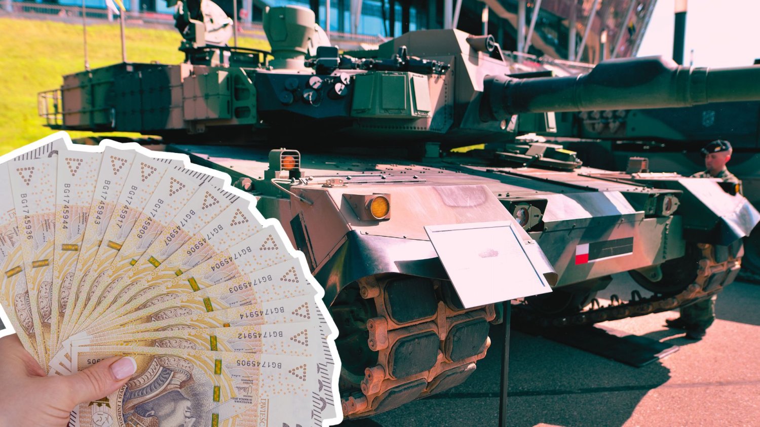 Czołg oraz ręka z polskimi banknotami. 850 milionów dla Bumaru. Tu powstanie polski czołg K2PL
