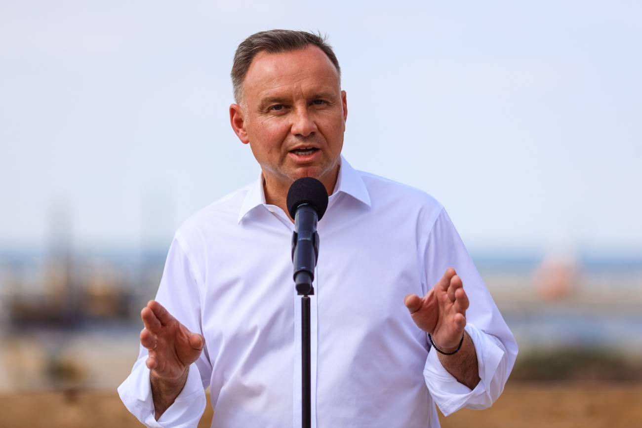 Prezydent Andrzej Duda podczas przemówienia.