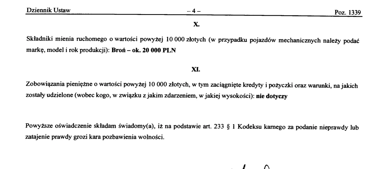 Fragment oświadczenia majątkowego Zbigniewa Ziobro 