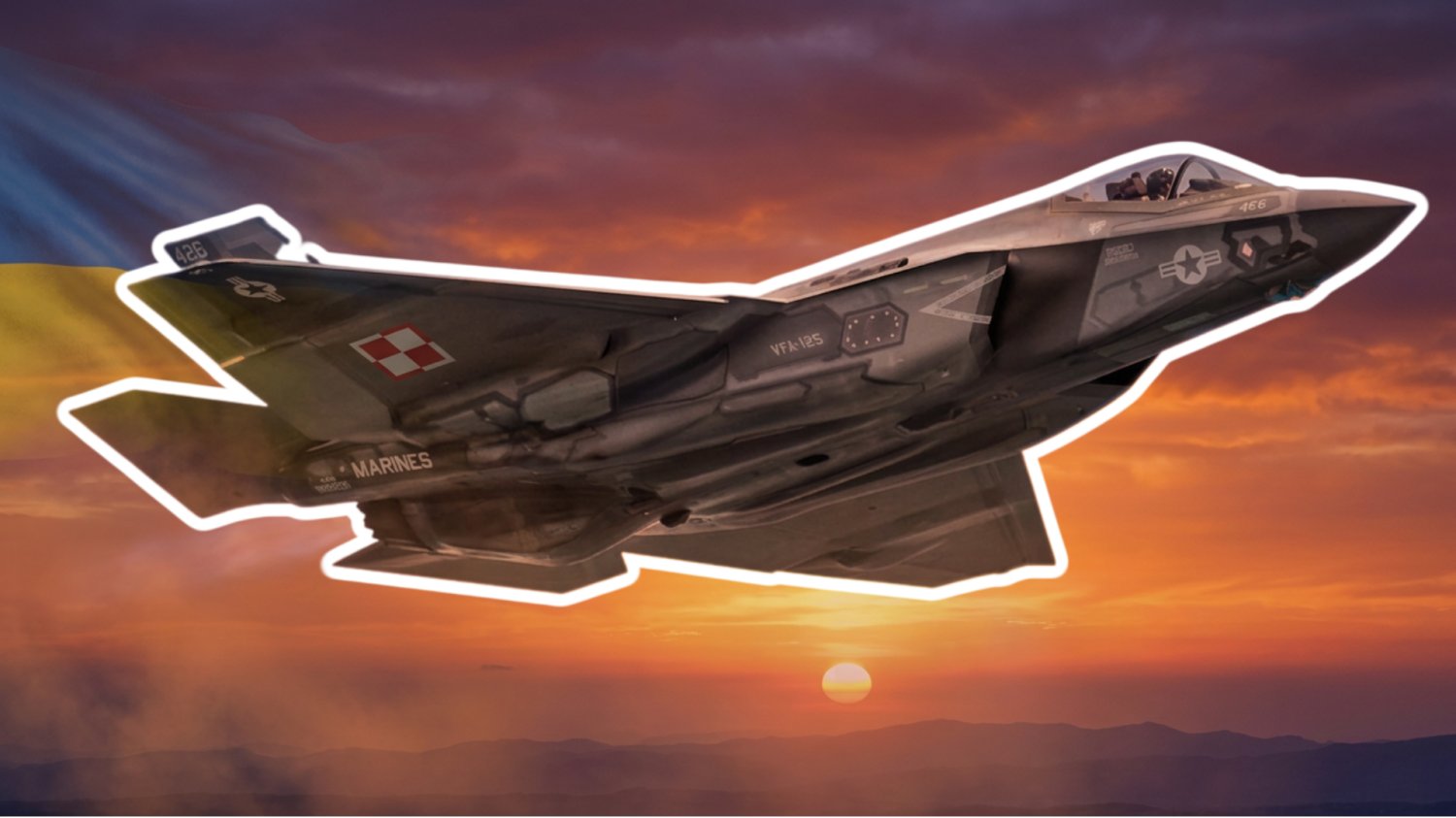 Polski odrzutowiec F-35. W tle zachód słońca i ukraińska flaga