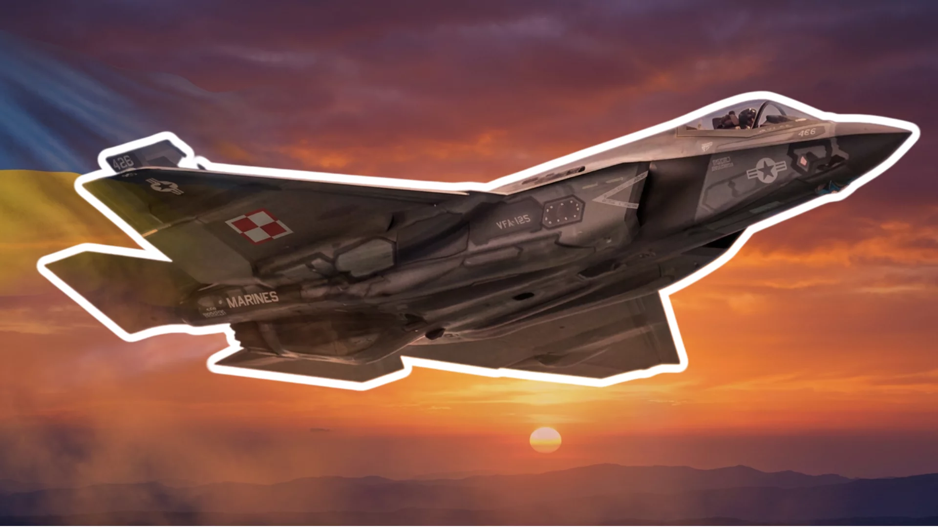 Polski odrzutowiec F-35. W tle zachód słońca i ukraińska flaga
