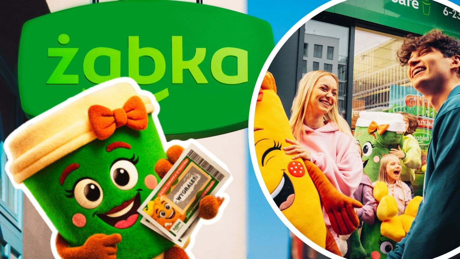 Szyld Żabki, maskotka w kształcie kawy, screen z spotu reklamowego z influencerami FRIENDZ. Żabka wraca z GIGA Foddzikami. Oprócz nagród, gra w Roblox i piosenka Friendz