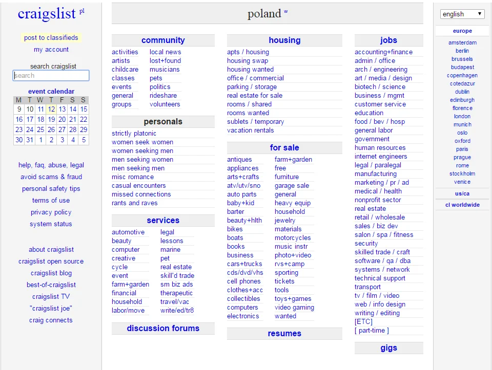 Według portalu SimilarWeb, Craigslist jest 10 napopualarniejszym portalem w Stanach. Jego design nie zmienił się od ponad dwóch dekad.