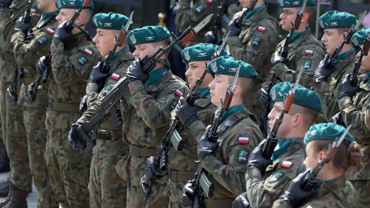 Polscy żołnierze i żołnierki z bronią w ręku stojący w szeregu. Nowy podatek na wojsko nie do zaakceptowania przez zwolenników Grzegorza Brauna.